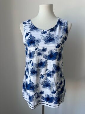 Chico’s Blue Floral Reversible Navy Striped Sleeveless Top Size X-Small